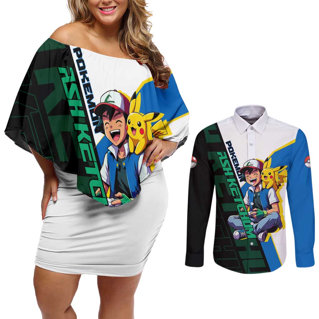 Ash & Pikachu Poké Couples Matching Off Shoulder Short Dress and Long Sleeve Button Shirt Vibrant Anime Character Style