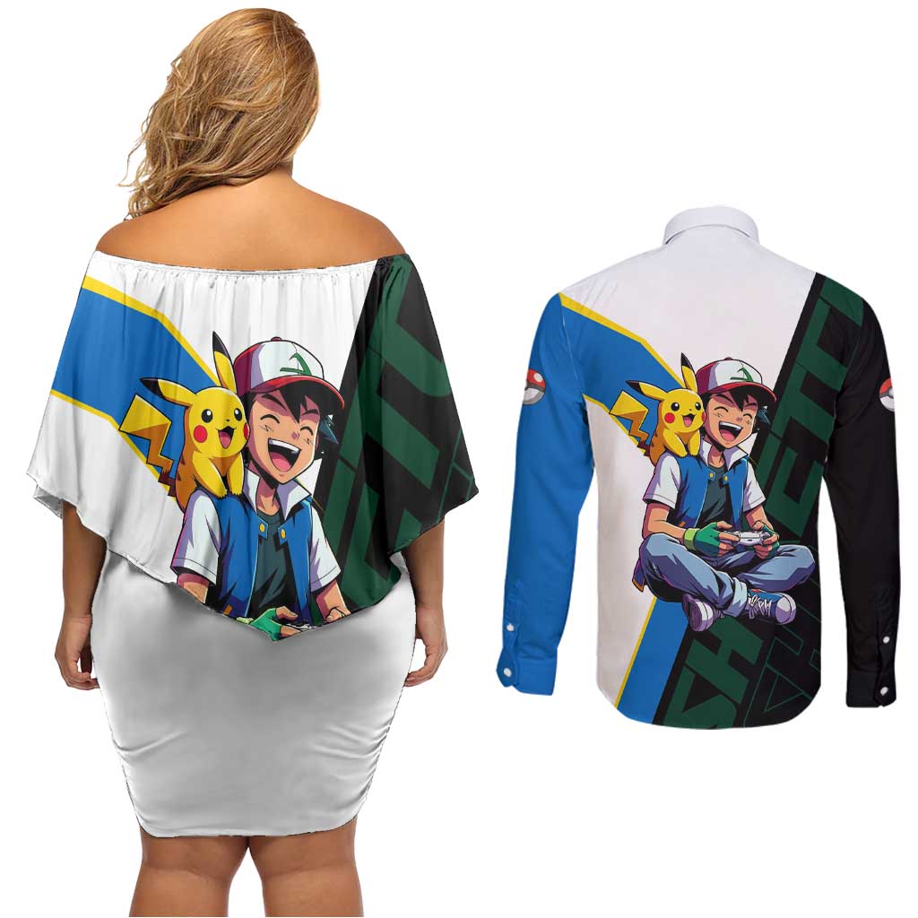 Ash & Pikachu Poké Couples Matching Off Shoulder Short Dress and Long Sleeve Button Shirt Vibrant Anime Character Style