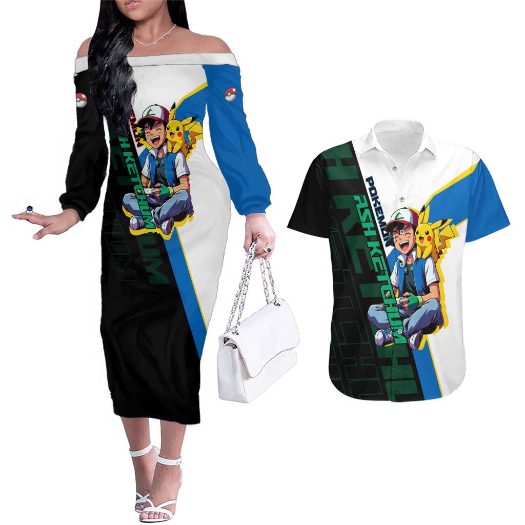 Ash & Pikachu Poké Couples Matching Off The Shoulder Long Sleeve Dress and Hawaiian Shirt Vibrant Anime Character Style
