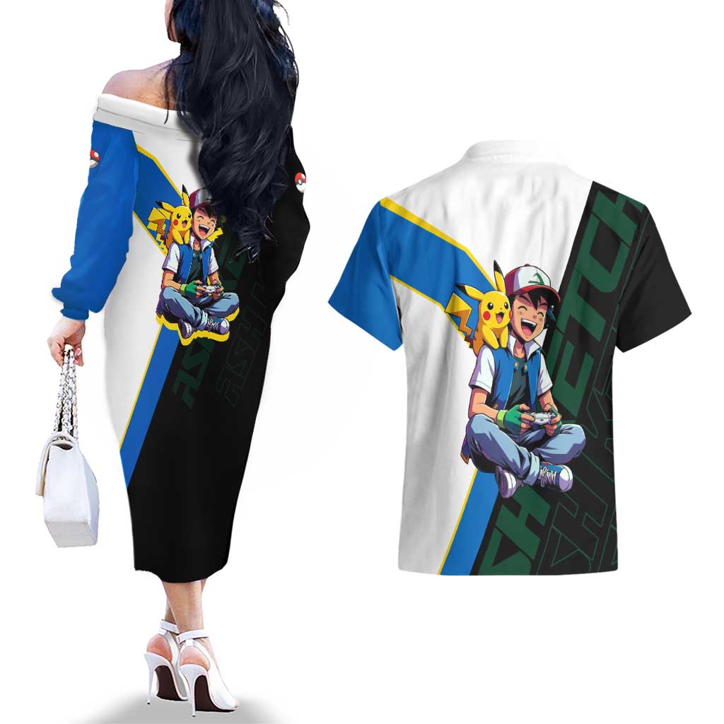 Ash & Pikachu Poké Couples Matching Off The Shoulder Long Sleeve Dress and Hawaiian Shirt Vibrant Anime Character Style
