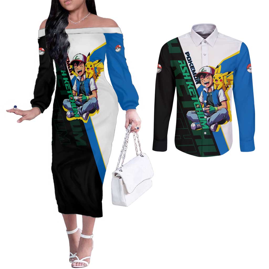 Ash & Pikachu Poké Couples Matching Off The Shoulder Long Sleeve Dress and Long Sleeve Button Shirt Vibrant Anime Character Style