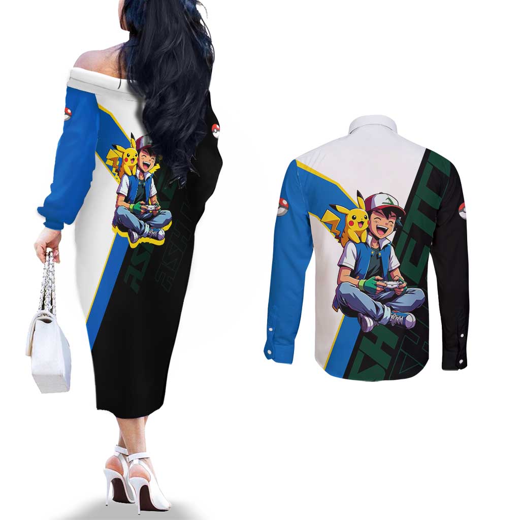 Ash & Pikachu Poké Couples Matching Off The Shoulder Long Sleeve Dress and Long Sleeve Button Shirt Vibrant Anime Character Style