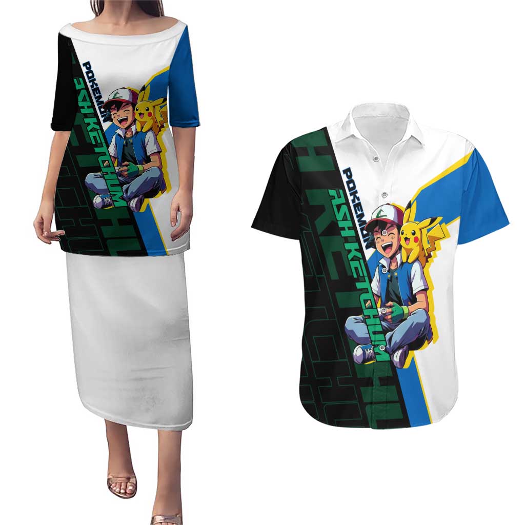Ash & Pikachu Poké Couples Matching Puletasi and Hawaiian Shirt Vibrant Anime Character Style
