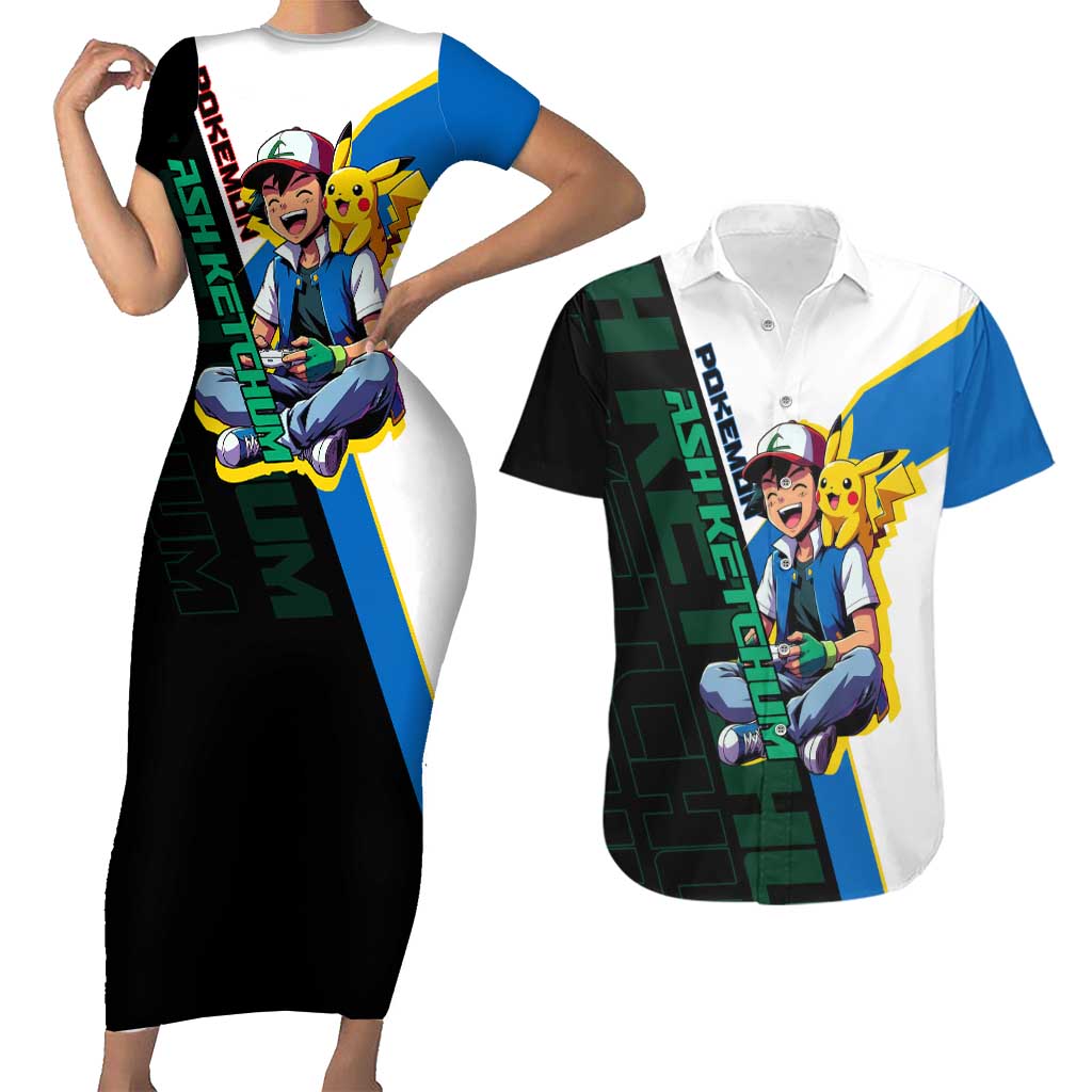 Ash & Pikachu Poké Couples Matching Short Sleeve Bodycon Dress and Hawaiian Shirt Vibrant Anime Character Style