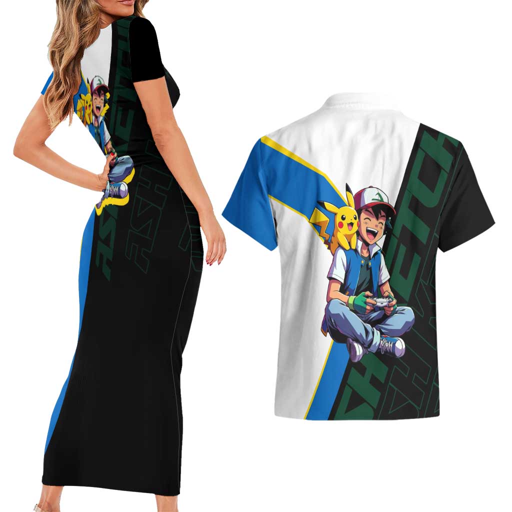 Ash & Pikachu Poké Couples Matching Short Sleeve Bodycon Dress and Hawaiian Shirt Vibrant Anime Character Style
