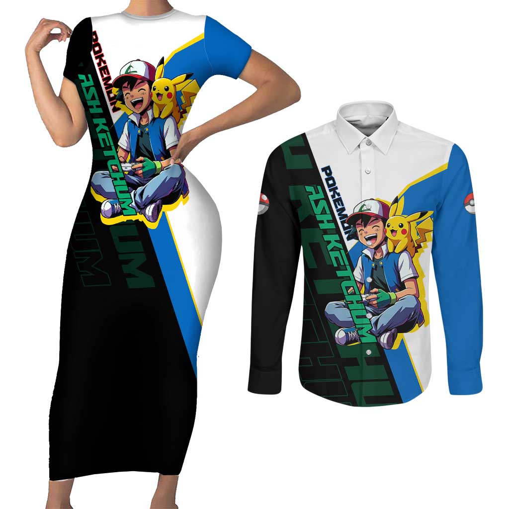 Ash & Pikachu Poké Couples Matching Short Sleeve Bodycon Dress and Long Sleeve Button Shirt Vibrant Anime Character Style