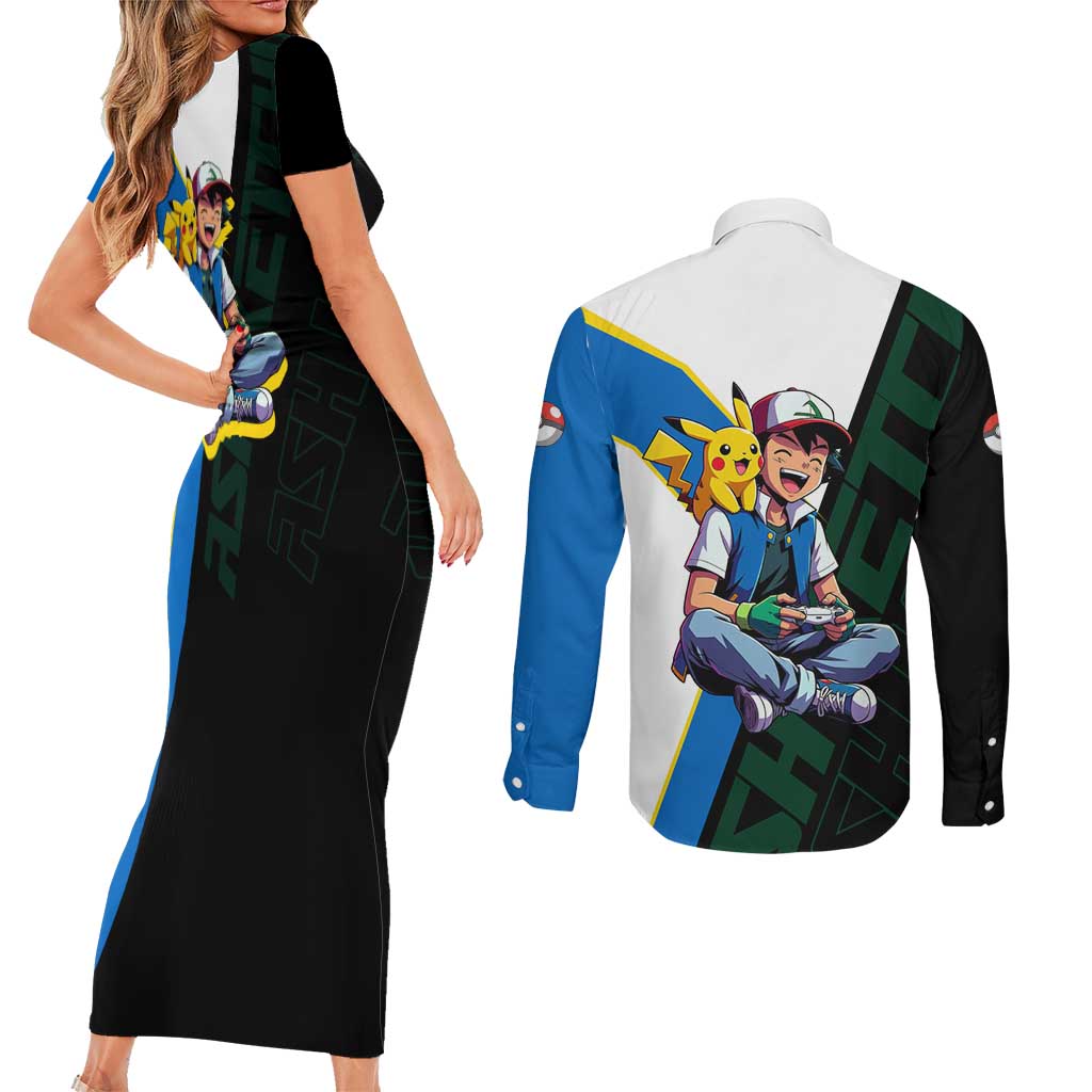 Ash & Pikachu Poké Couples Matching Short Sleeve Bodycon Dress and Long Sleeve Button Shirt Vibrant Anime Character Style
