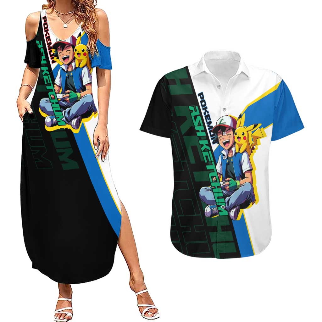 Ash & Pikachu Poké Couples Matching Summer Maxi Dress and Hawaiian Shirt Vibrant Anime Character Style