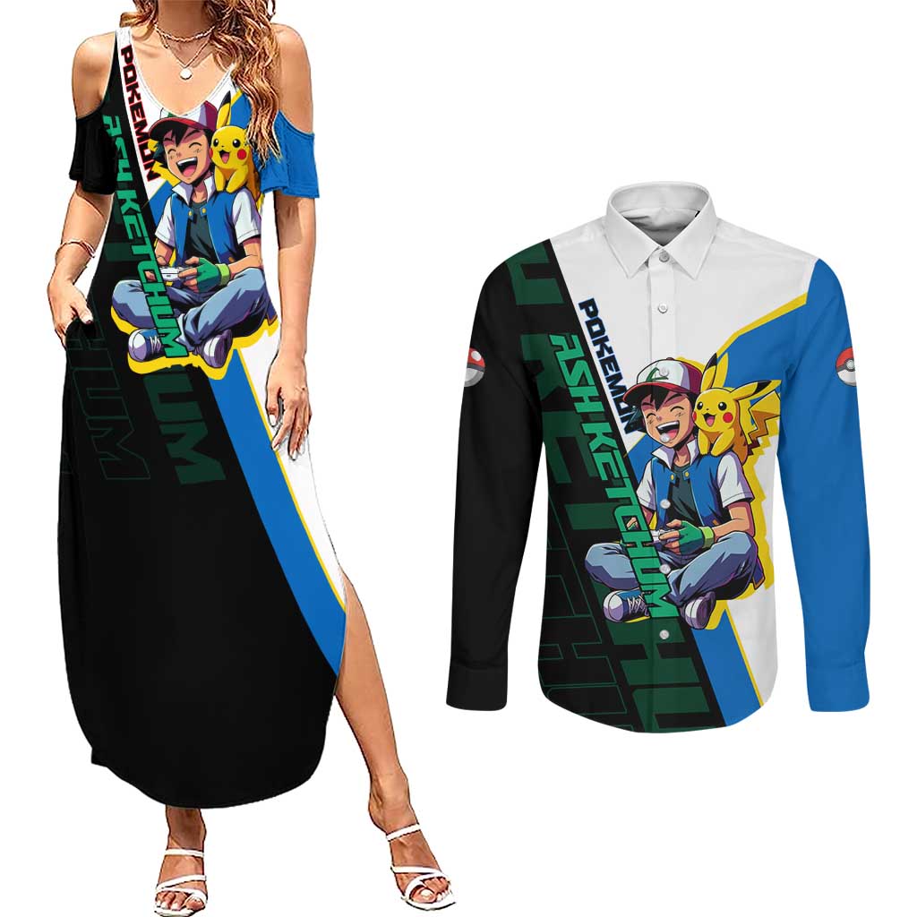 Ash & Pikachu Poké Couples Matching Summer Maxi Dress and Long Sleeve Button Shirt Vibrant Anime Character Style
