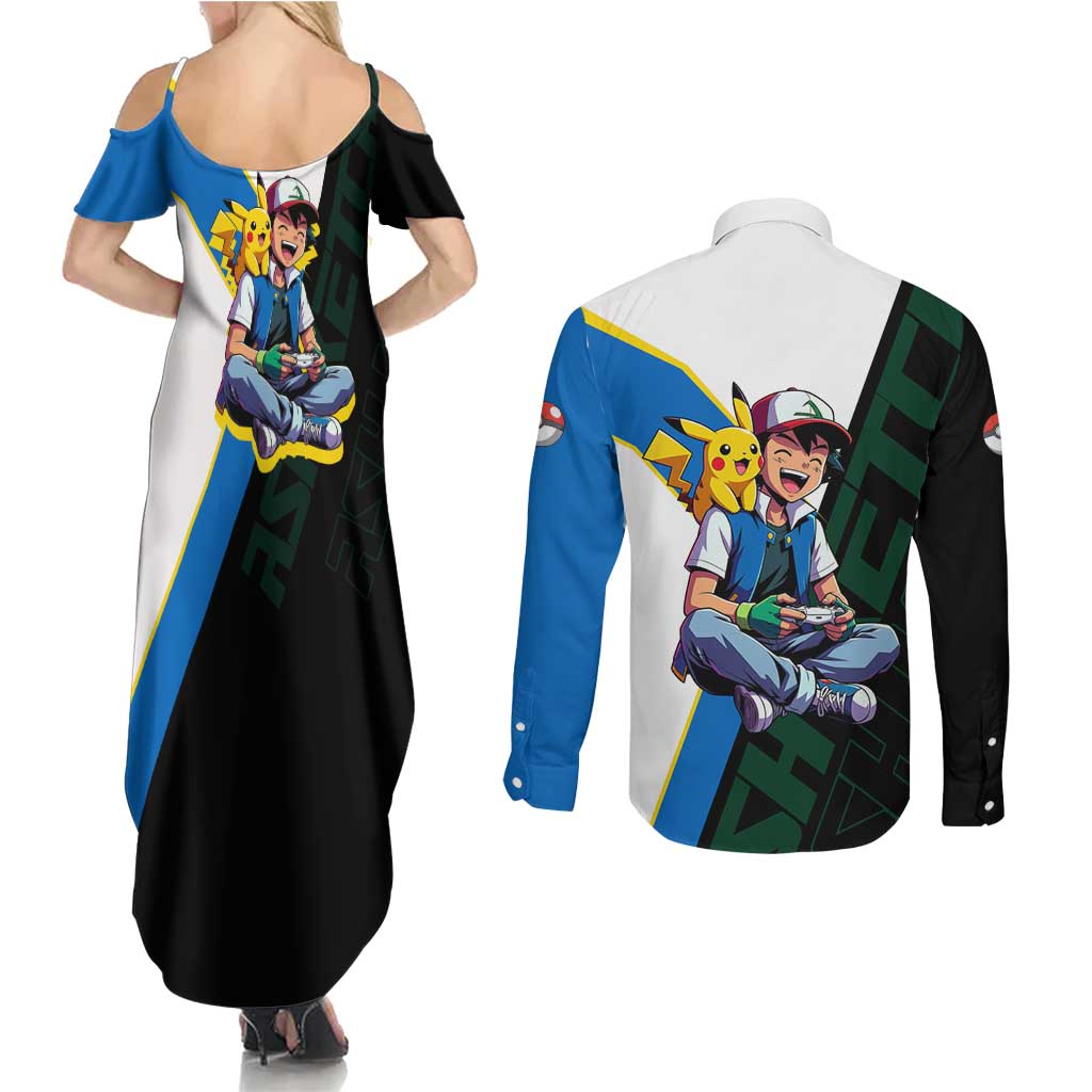 Ash & Pikachu Poké Couples Matching Summer Maxi Dress and Long Sleeve Button Shirt Vibrant Anime Character Style
