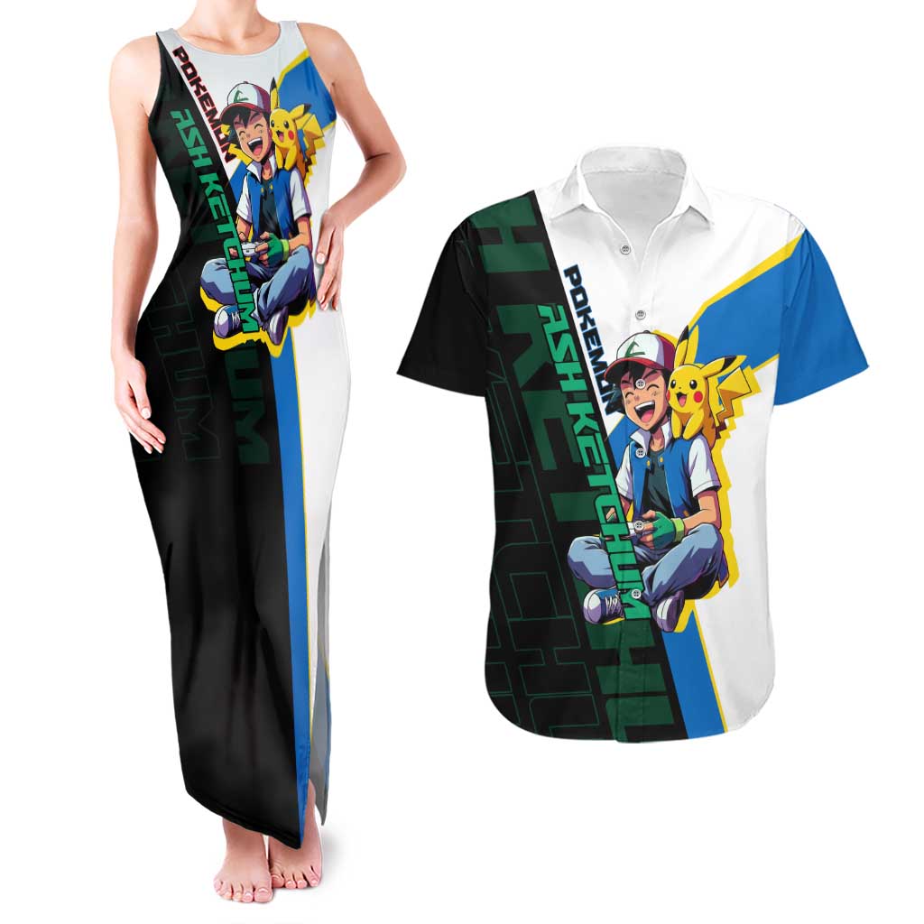 Ash & Pikachu Poké Couples Matching Tank Maxi Dress and Hawaiian Shirt Vibrant Anime Character Style