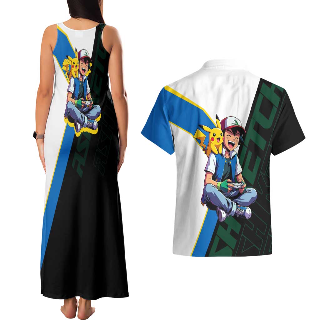Ash & Pikachu Poké Couples Matching Tank Maxi Dress and Hawaiian Shirt Vibrant Anime Character Style