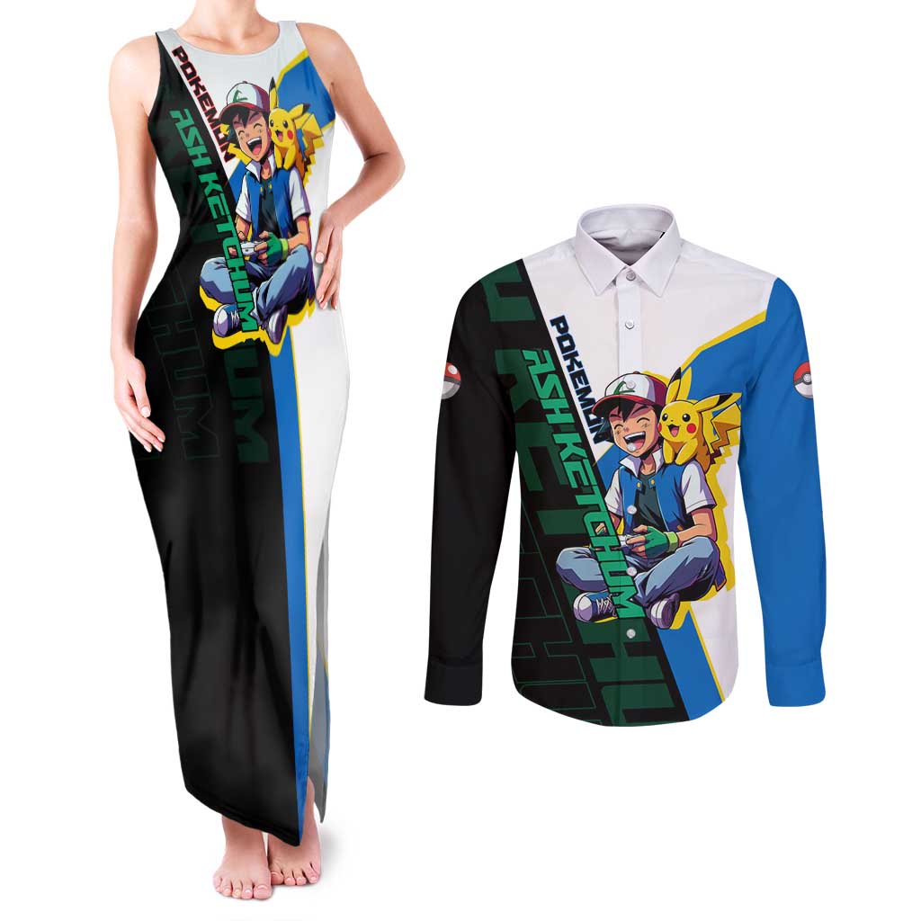 Ash & Pikachu Poké Couples Matching Tank Maxi Dress and Long Sleeve Button Shirt Vibrant Anime Character Style