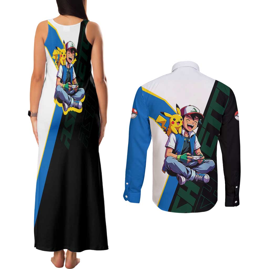 Ash & Pikachu Poké Couples Matching Tank Maxi Dress and Long Sleeve Button Shirt Vibrant Anime Character Style
