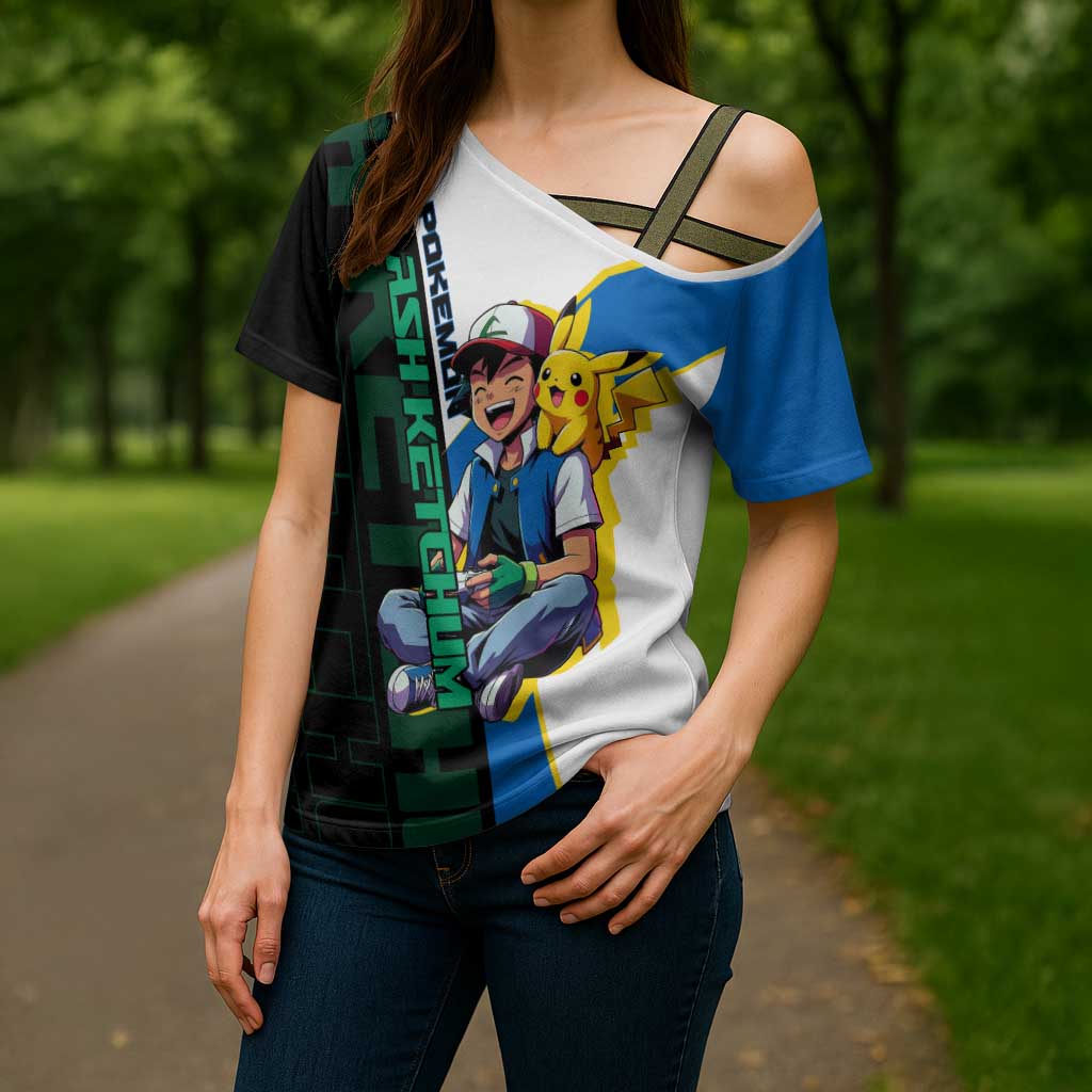 Ash & Pikachu Poké Cross Shoulder Shirt Vibrant Anime Character Style