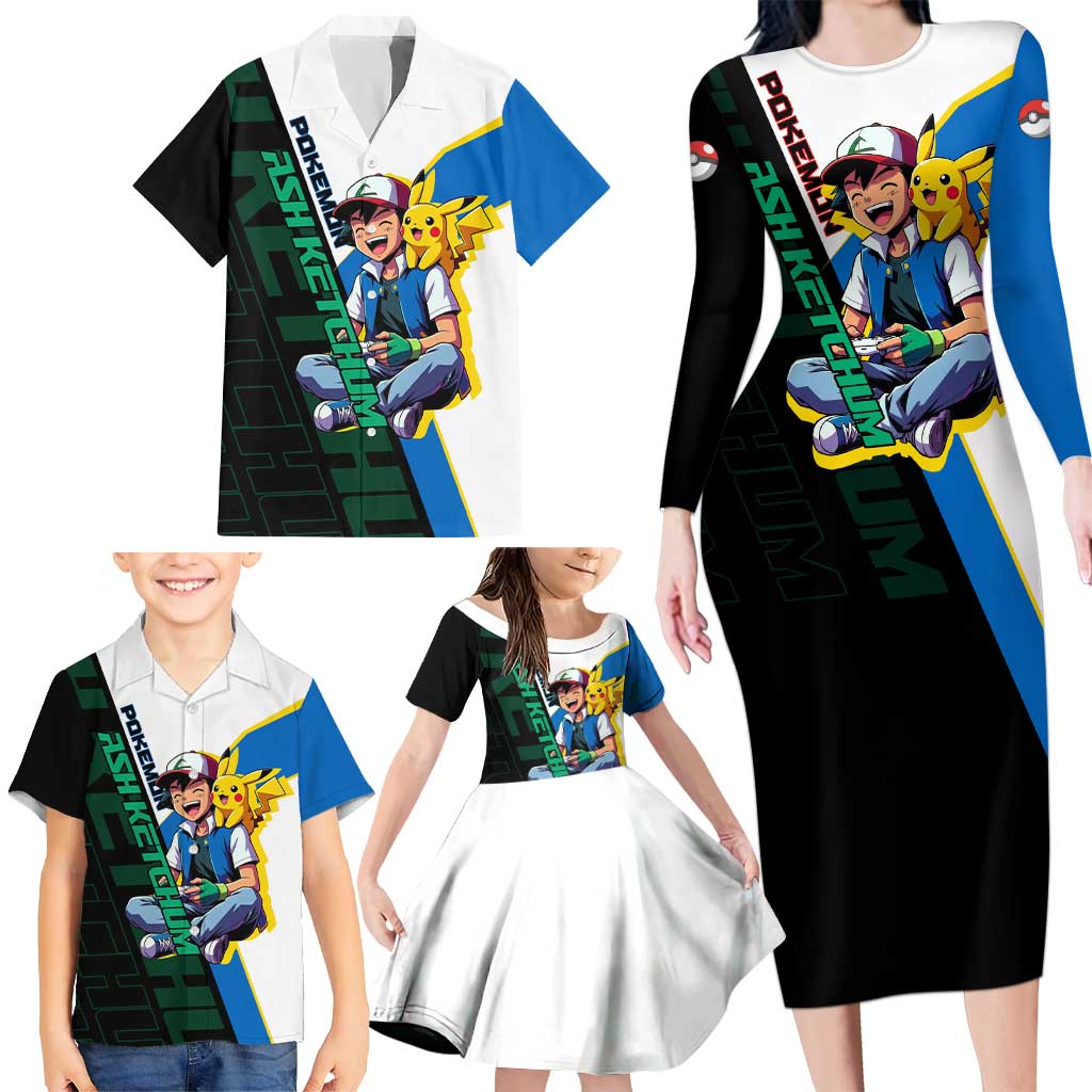 Ash & Pikachu Poké Family Matching Long Sleeve Bodycon Dress and Hawaiian Shirt Vibrant Anime Character Style