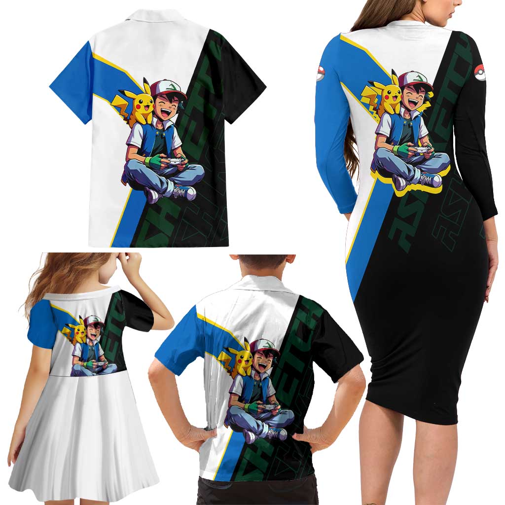 Ash & Pikachu Poké Family Matching Long Sleeve Bodycon Dress and Hawaiian Shirt Vibrant Anime Character Style
