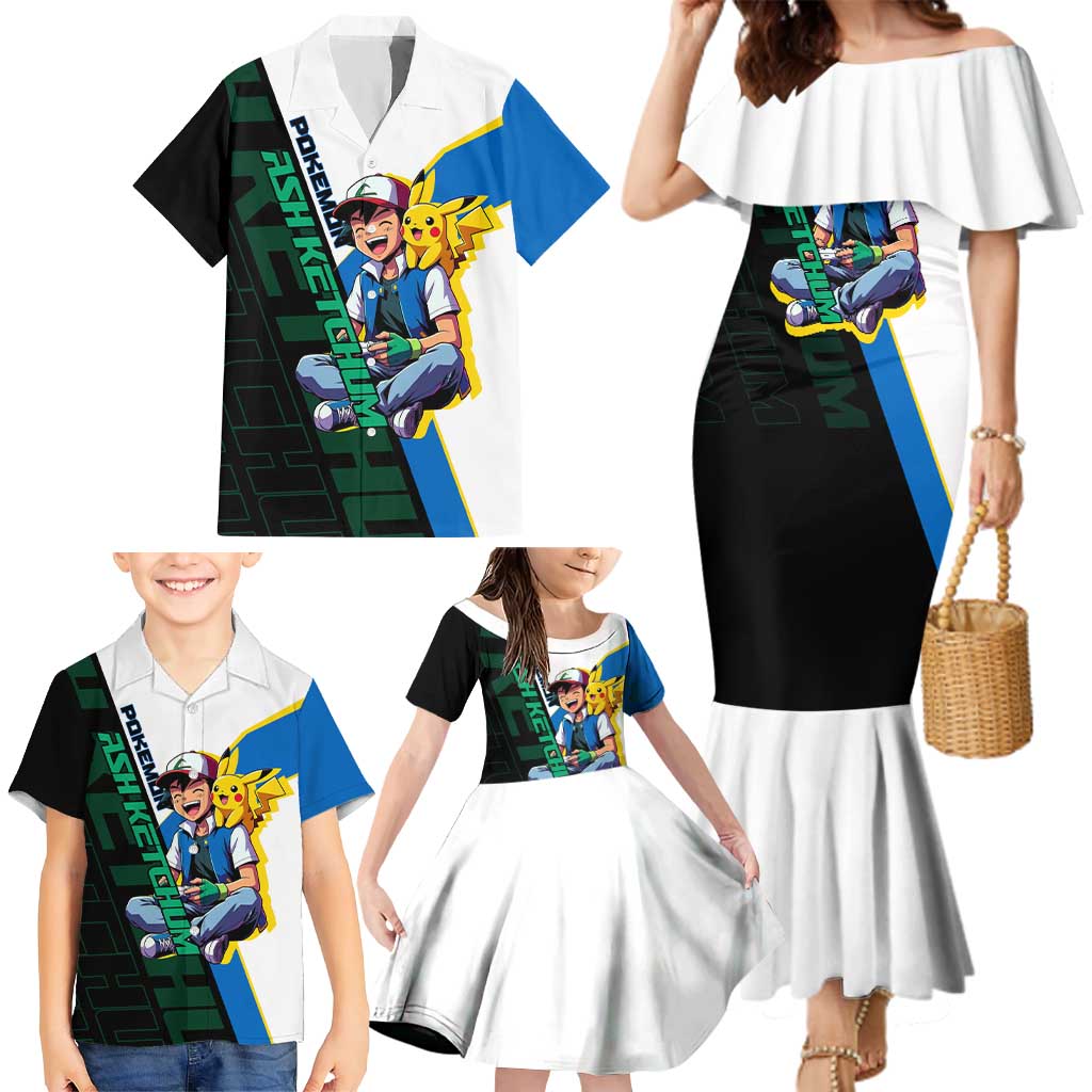 Ash & Pikachu Poké Family Matching Mermaid Dress and Hawaiian Shirt Vibrant Anime Character Style