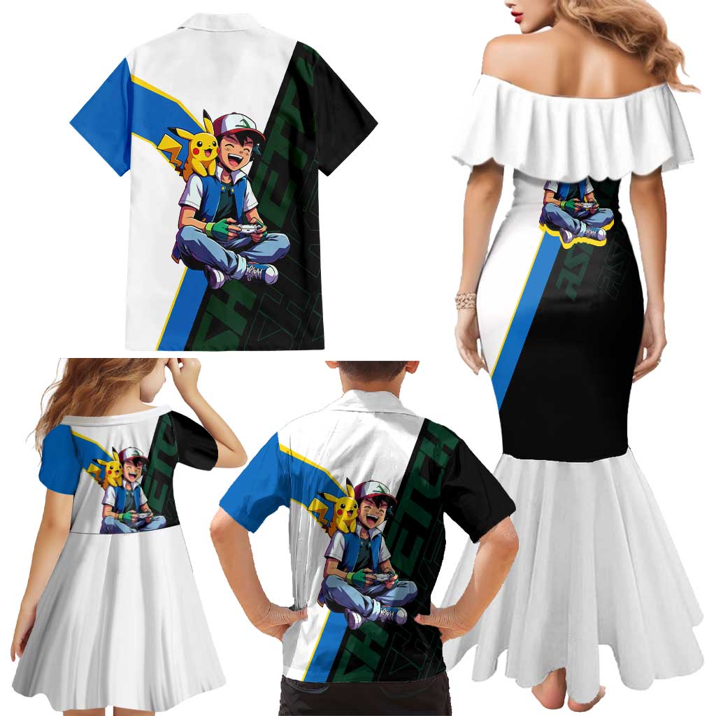 Ash & Pikachu Poké Family Matching Mermaid Dress and Hawaiian Shirt Vibrant Anime Character Style