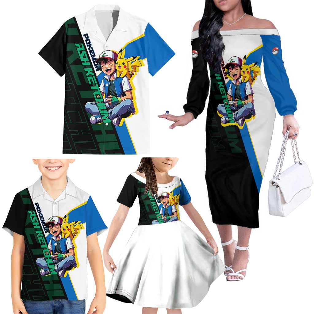 Ash & Pikachu Poké Family Matching Off The Shoulder Long Sleeve Dress and Hawaiian Shirt Vibrant Anime Character Style