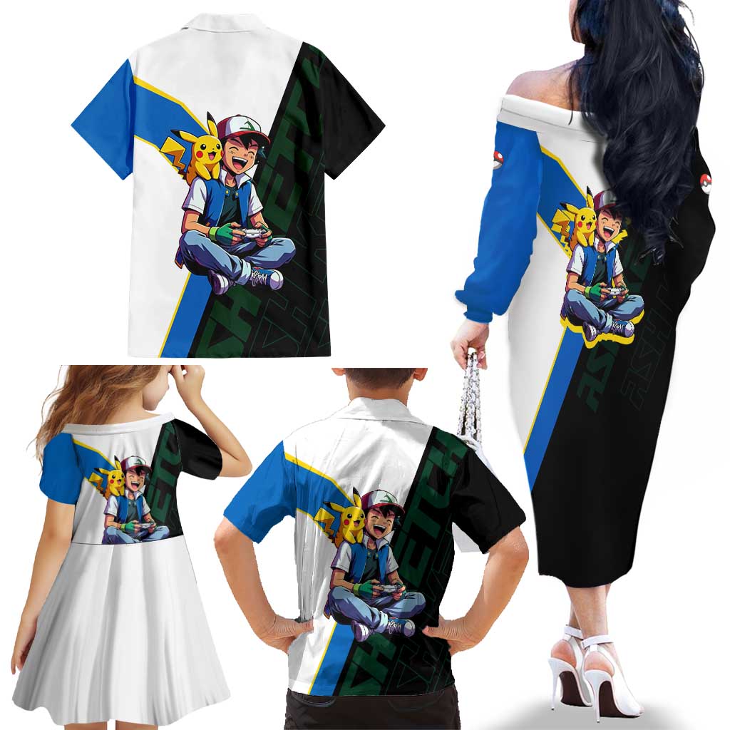 Ash & Pikachu Poké Family Matching Off The Shoulder Long Sleeve Dress and Hawaiian Shirt Vibrant Anime Character Style