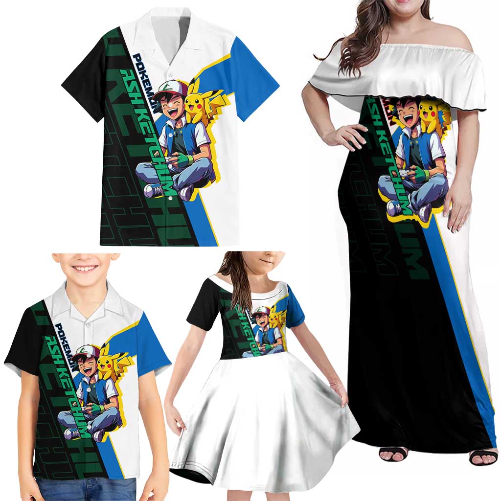 Ash & Pikachu Poké Family Matching Off Shoulder Maxi Dress and Hawaiian Shirt Vibrant Anime Character Style
