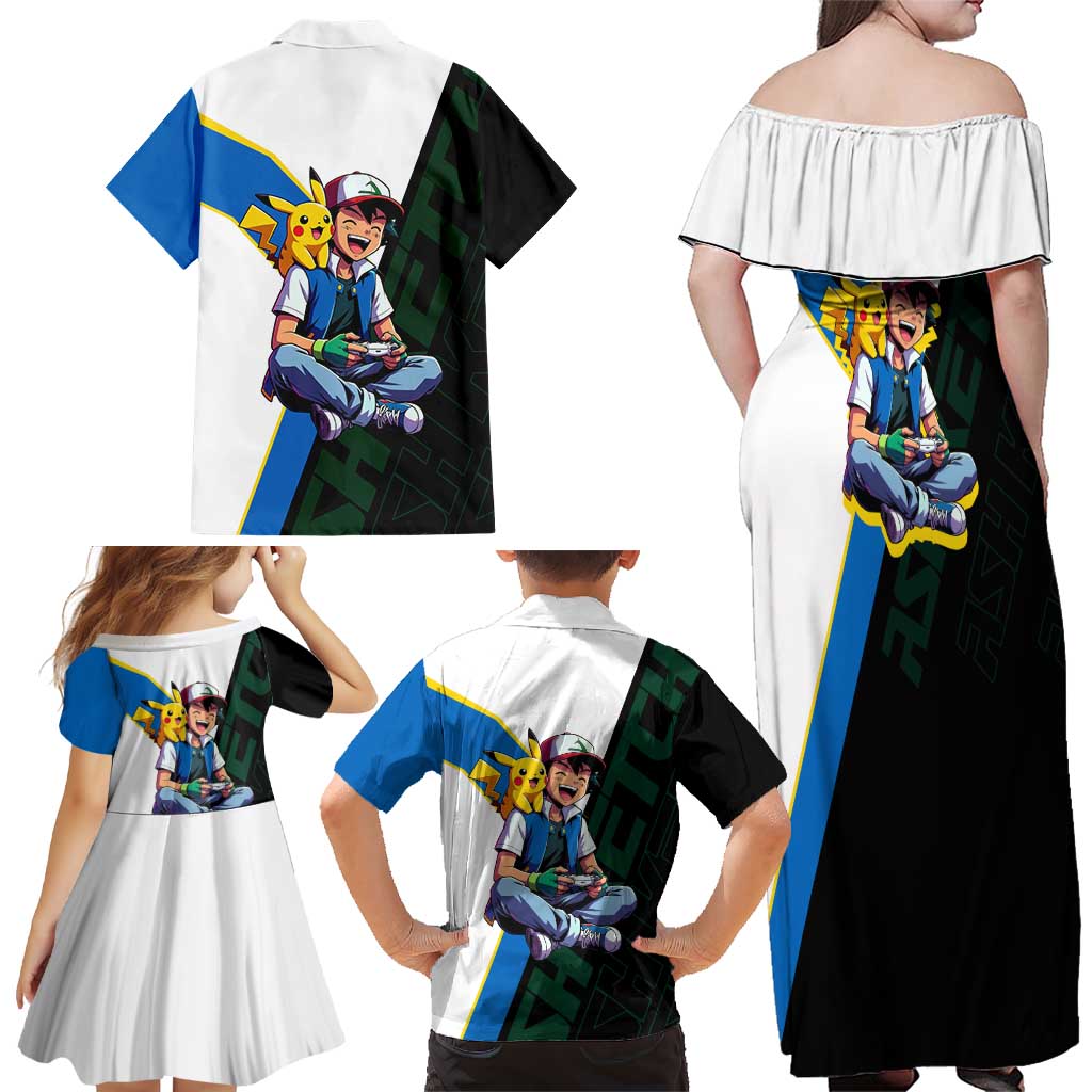 Ash & Pikachu Poké Family Matching Off Shoulder Maxi Dress and Hawaiian Shirt Vibrant Anime Character Style