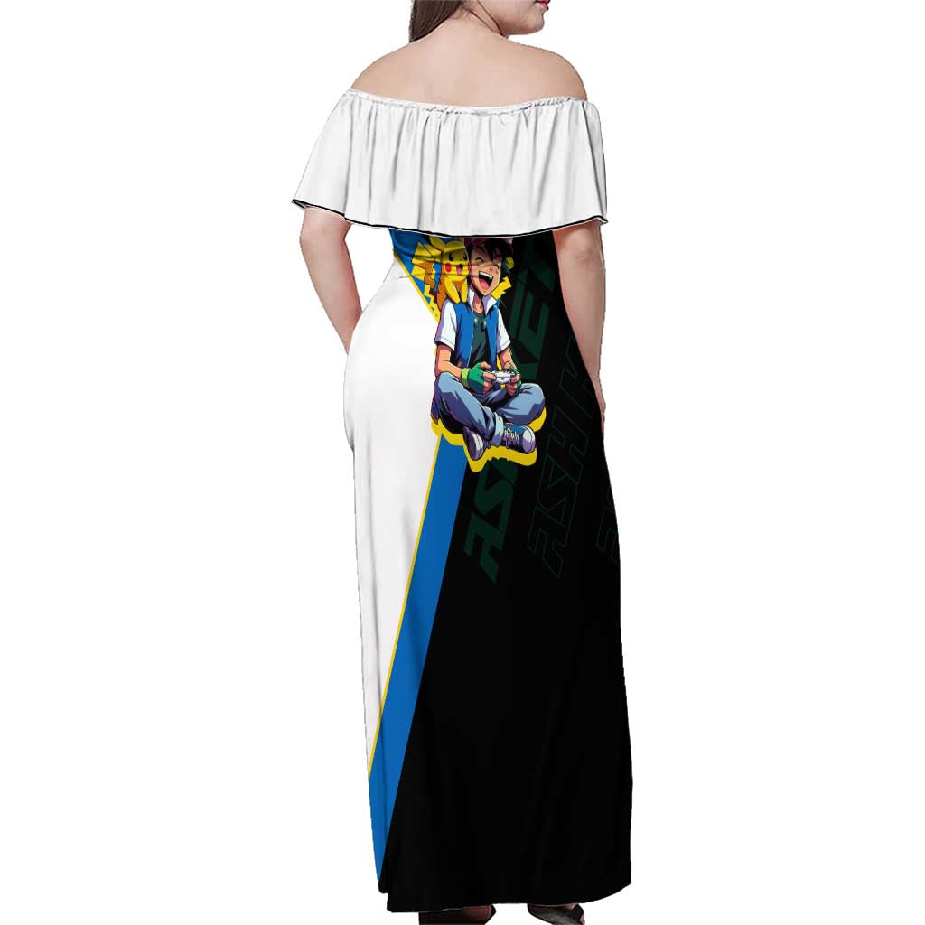 Ash & Pikachu Poké Family Matching Off Shoulder Maxi Dress and Hawaiian Shirt Vibrant Anime Character Style