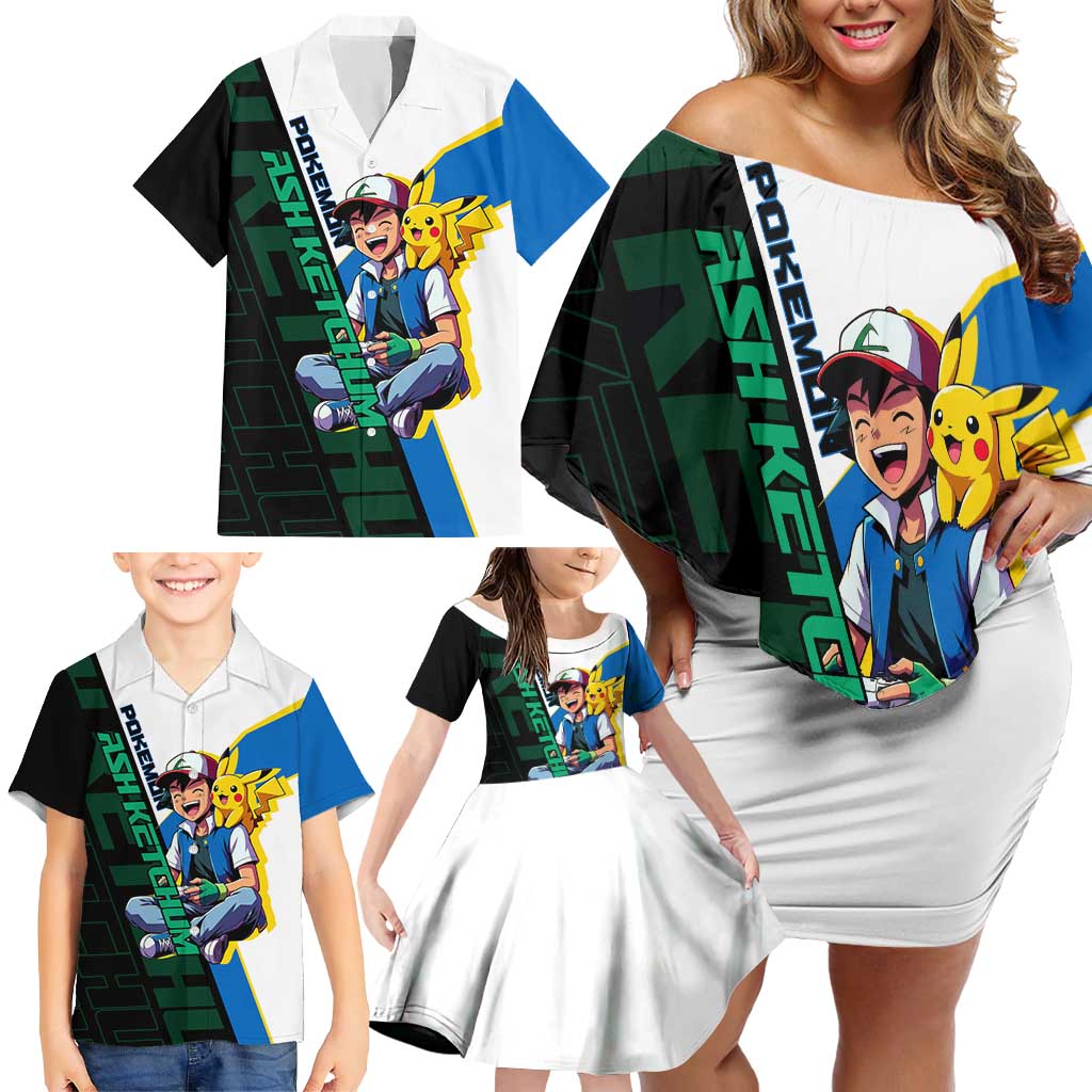 Ash & Pikachu Poké Family Matching Off Shoulder Short Dress and Hawaiian Shirt Vibrant Anime Character Style