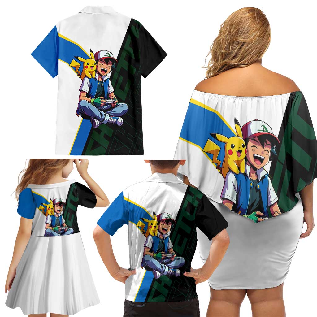 Ash & Pikachu Poké Family Matching Off Shoulder Short Dress and Hawaiian Shirt Vibrant Anime Character Style