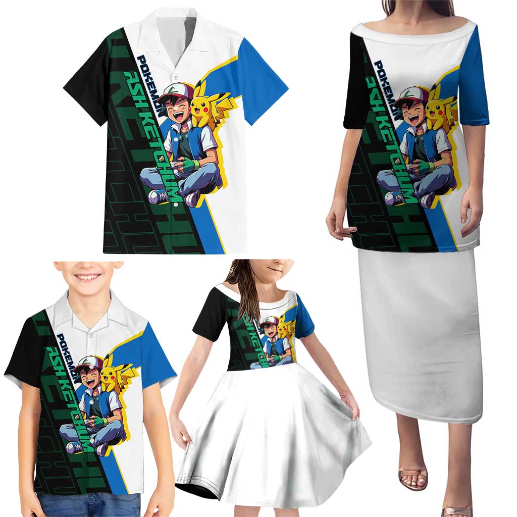 Ash & Pikachu Poké Family Matching Puletasi and Hawaiian Shirt Vibrant Anime Character Style