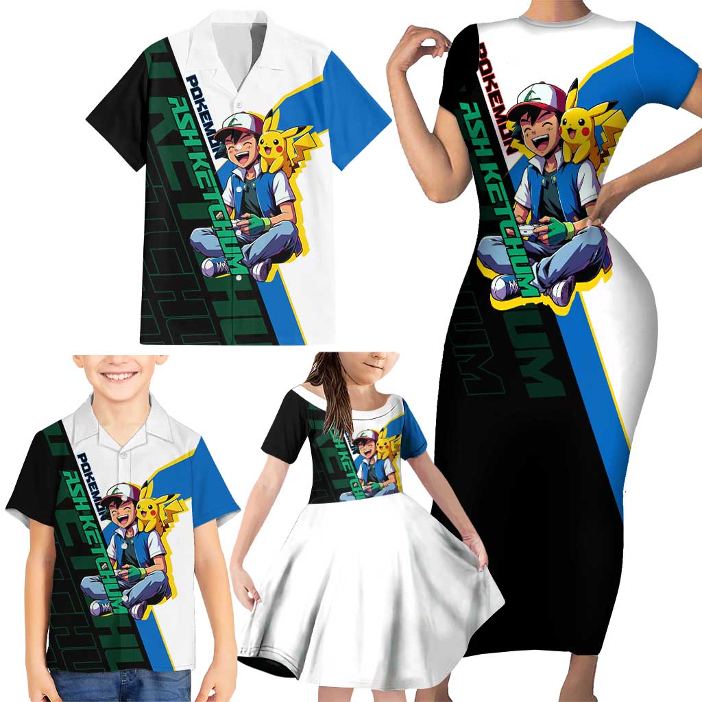 Ash & Pikachu Poké Family Matching Short Sleeve Bodycon Dress and Hawaiian Shirt Vibrant Anime Character Style