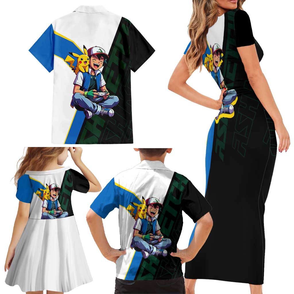 Ash & Pikachu Poké Family Matching Short Sleeve Bodycon Dress and Hawaiian Shirt Vibrant Anime Character Style