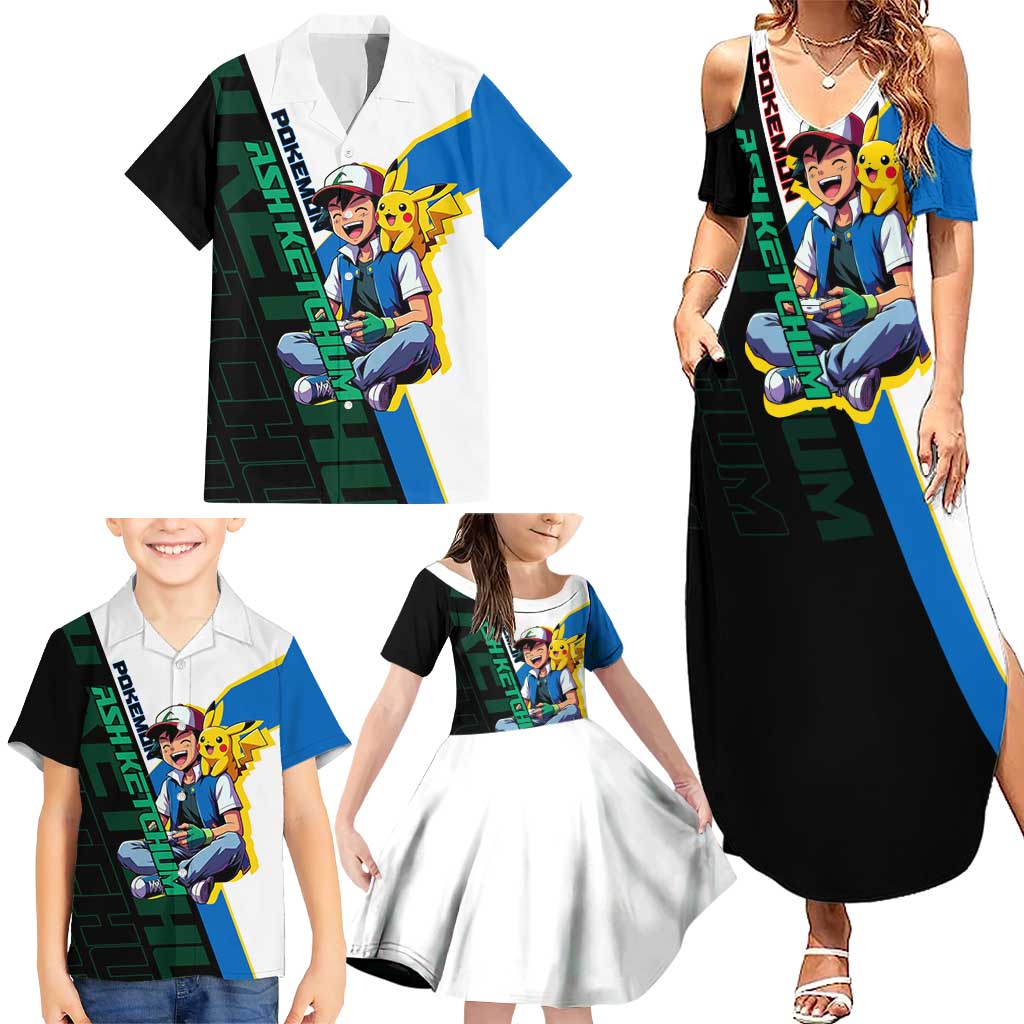 Ash & Pikachu Poké Family Matching Summer Maxi Dress and Hawaiian Shirt Vibrant Anime Character Style