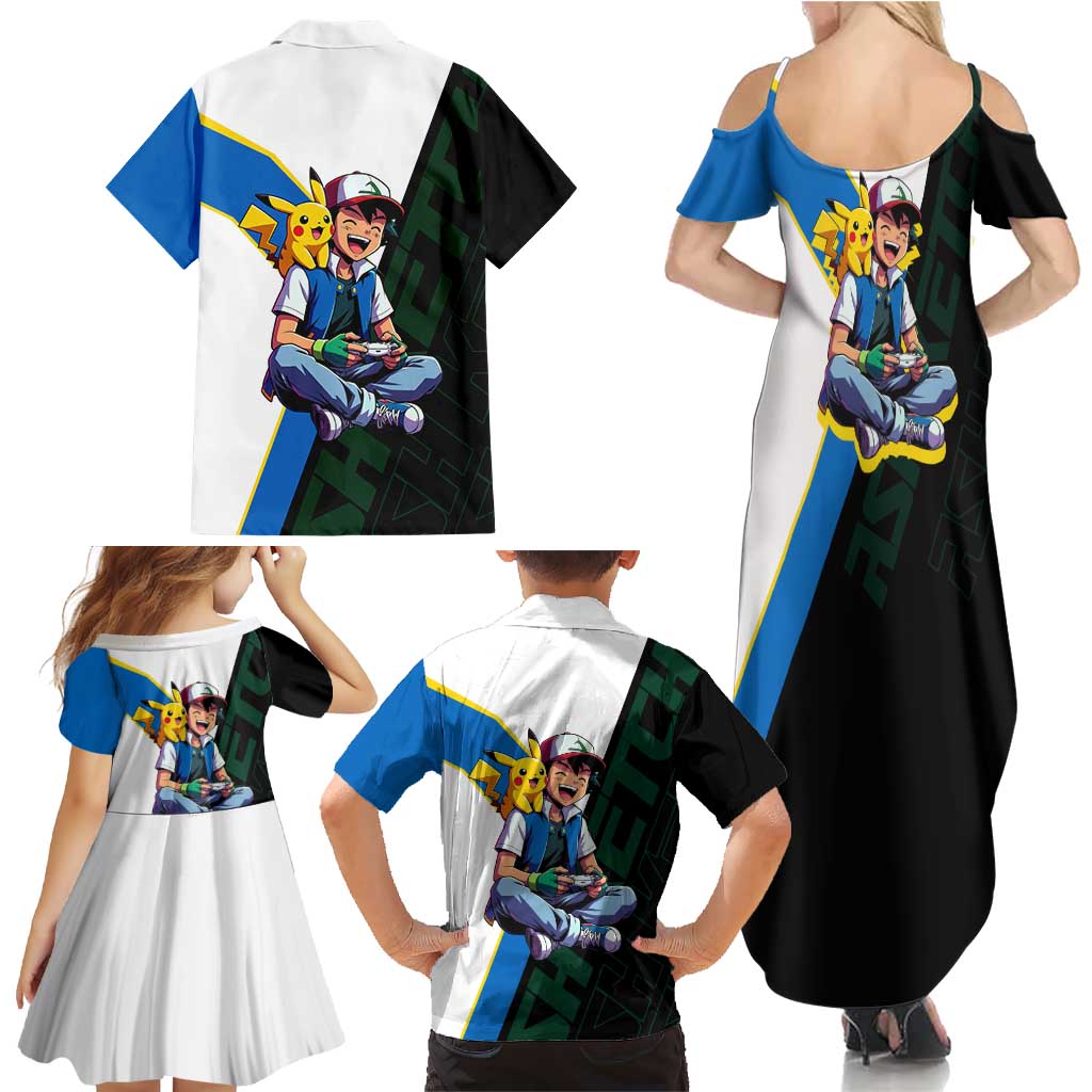 Ash & Pikachu Poké Family Matching Summer Maxi Dress and Hawaiian Shirt Vibrant Anime Character Style