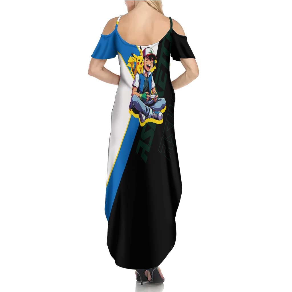 Ash & Pikachu Poké Family Matching Summer Maxi Dress and Hawaiian Shirt Vibrant Anime Character Style