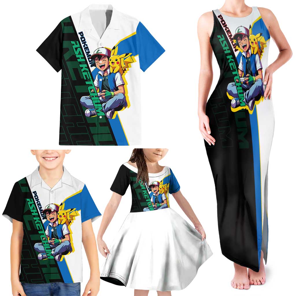 Ash & Pikachu Poké Family Matching Tank Maxi Dress and Hawaiian Shirt Vibrant Anime Character Style