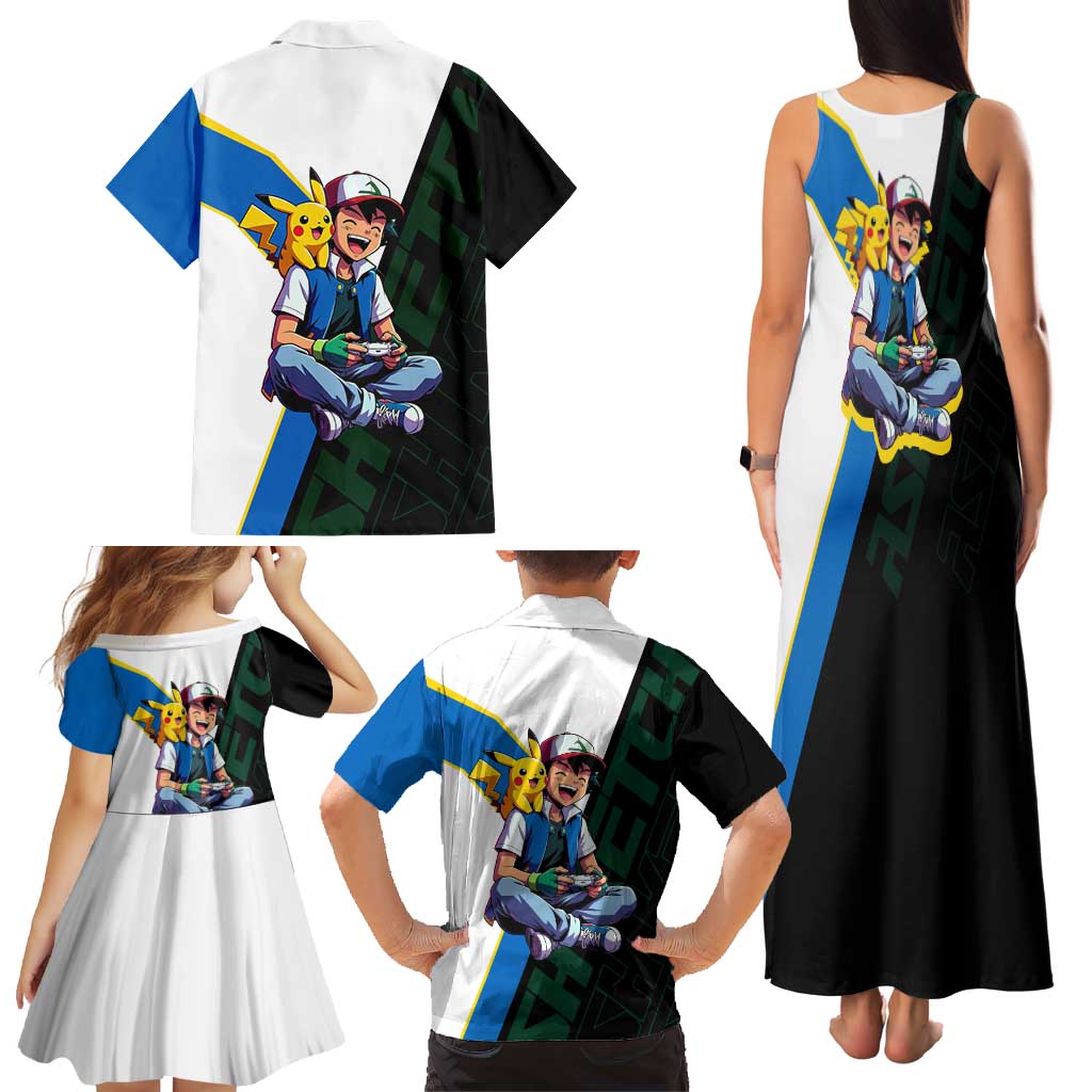 Ash & Pikachu Poké Family Matching Tank Maxi Dress and Hawaiian Shirt Vibrant Anime Character Style