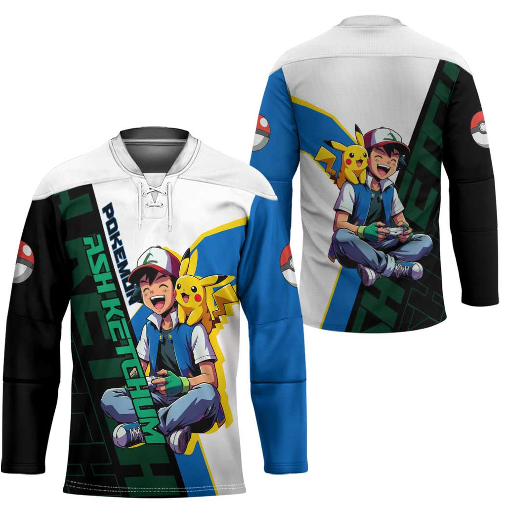 Ash & Pikachu Poké Hockey Jersey Vibrant Anime Character Style