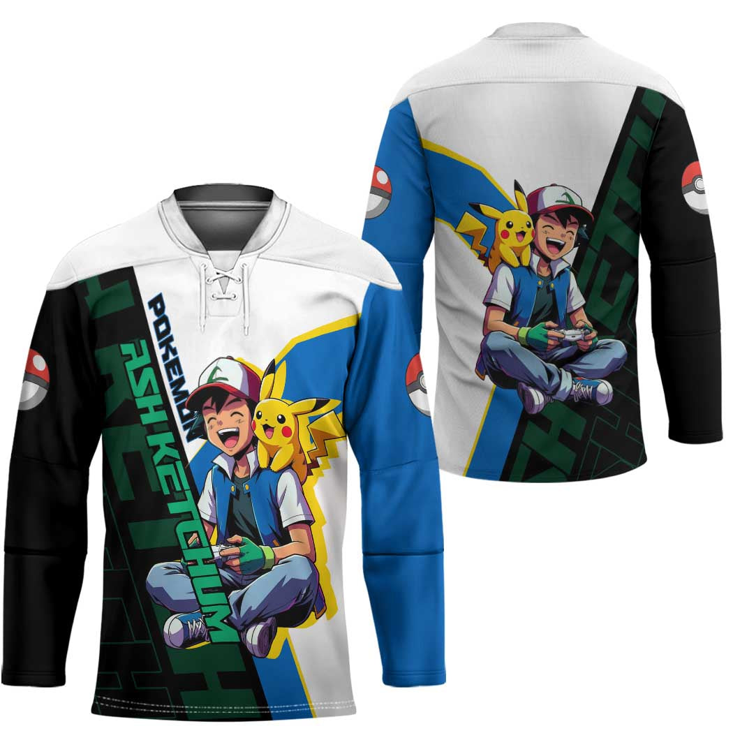 Ash & Pikachu Poké Hockey Jersey Vibrant Anime Character Style
