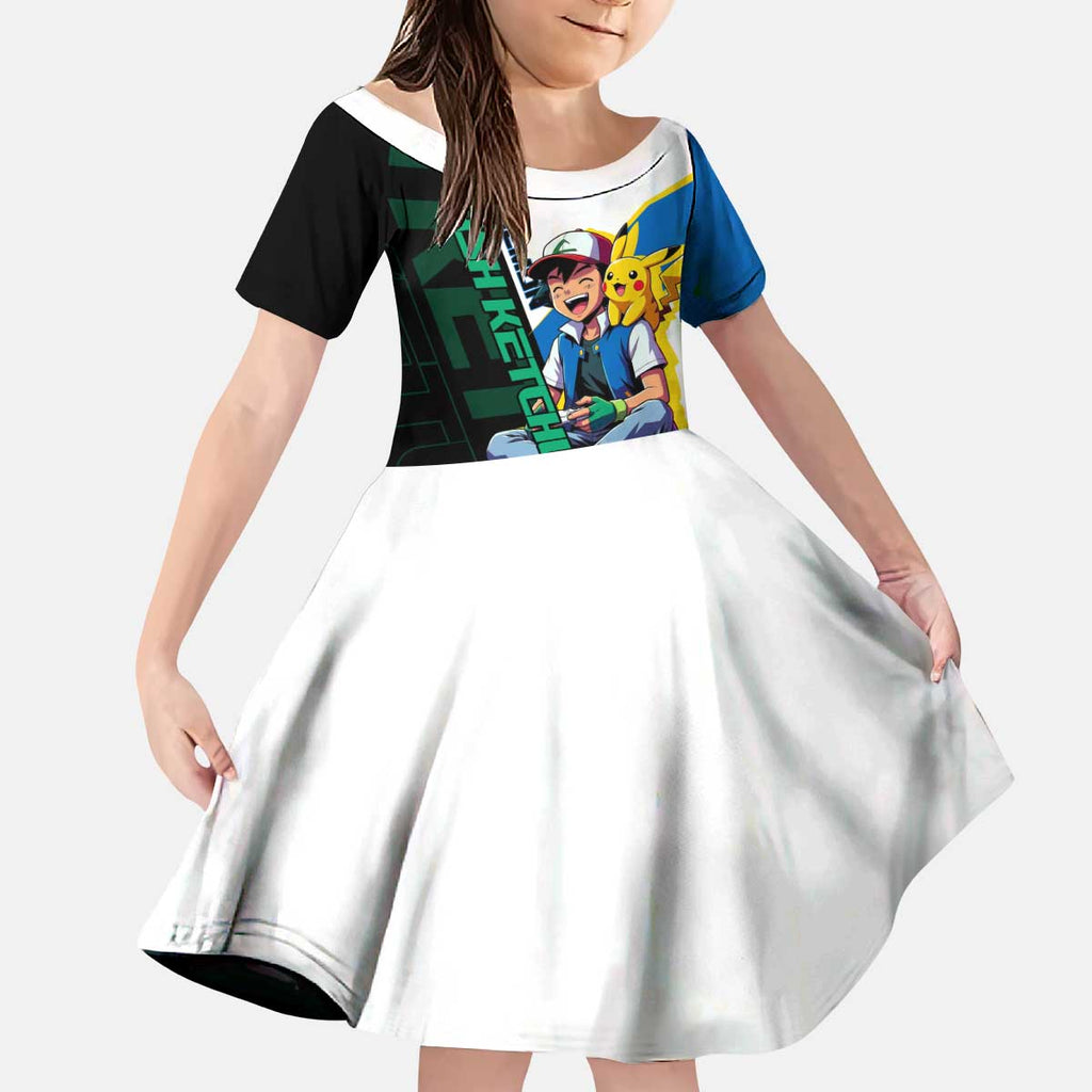 Ash & Pikachu Poké Kid Short Sleeve Dress Vibrant Anime Character Style