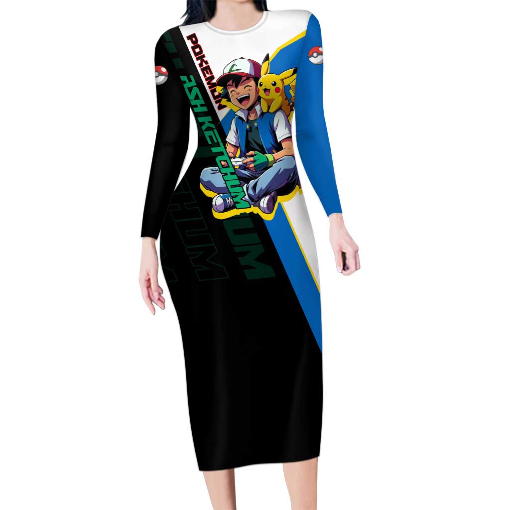Ash & Pikachu Poké Long Sleeve Bodycon Dress Vibrant Anime Character Style