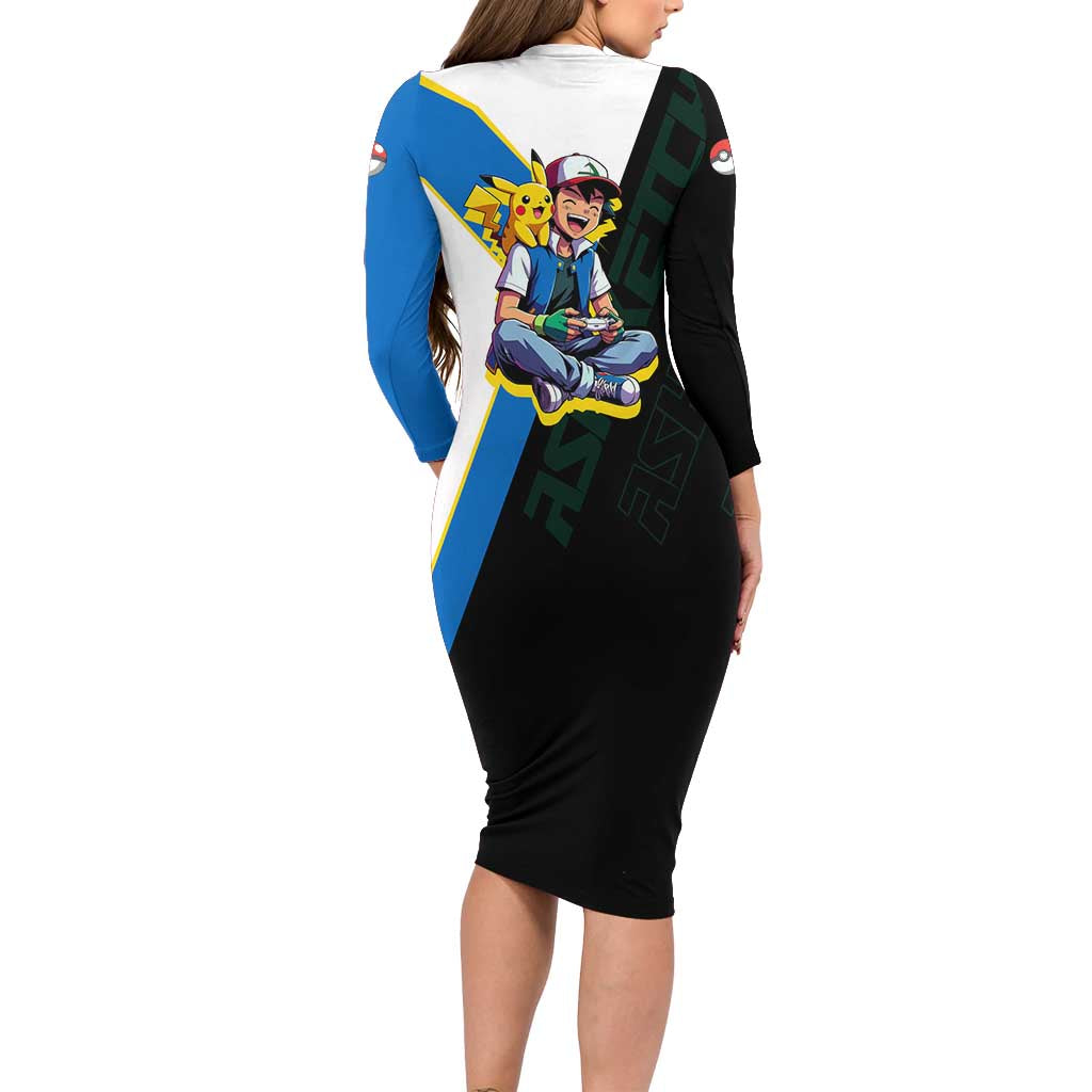 Ash & Pikachu Poké Long Sleeve Bodycon Dress Vibrant Anime Character Style