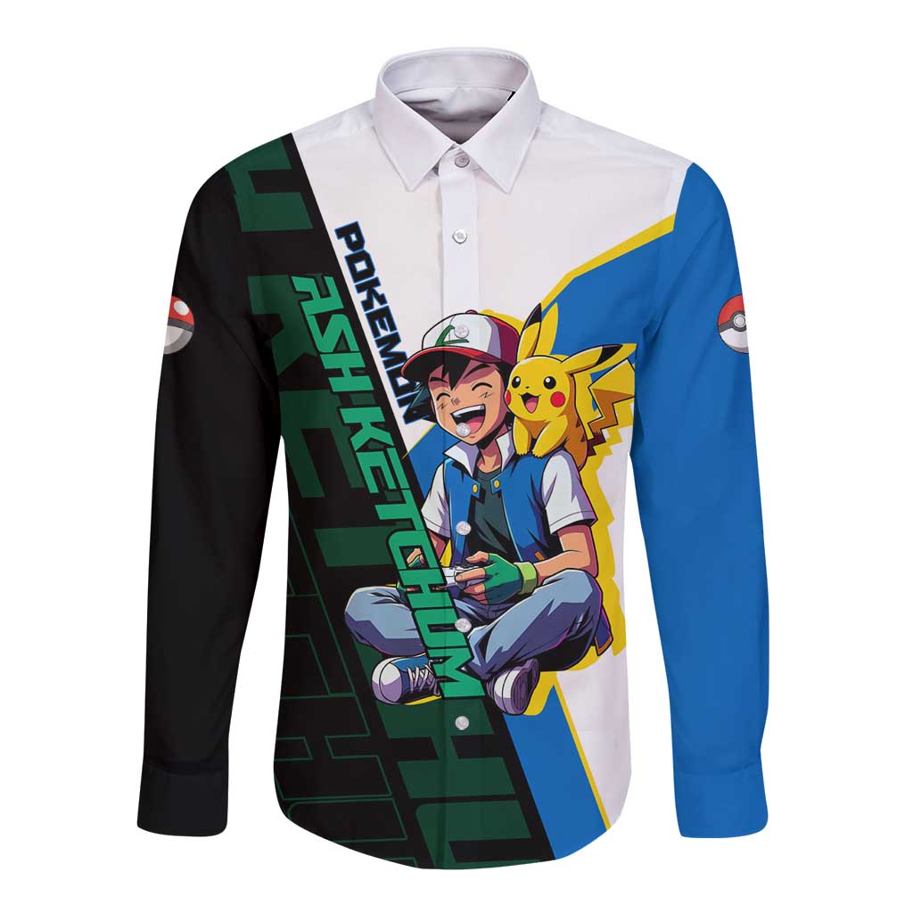 Ash & Pikachu Poké Long Sleeve Button Shirt Vibrant Anime Character Style