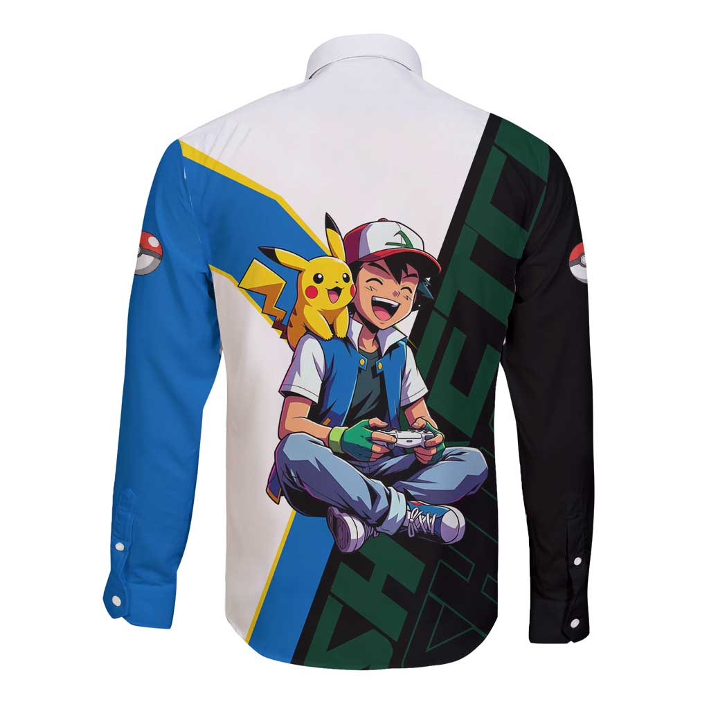 Ash & Pikachu Poké Long Sleeve Button Shirt Vibrant Anime Character Style