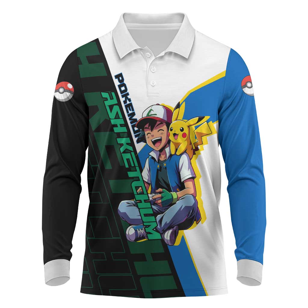 Ash & Pikachu Poké Long Sleeve Polo Shirt Vibrant Anime Character Style