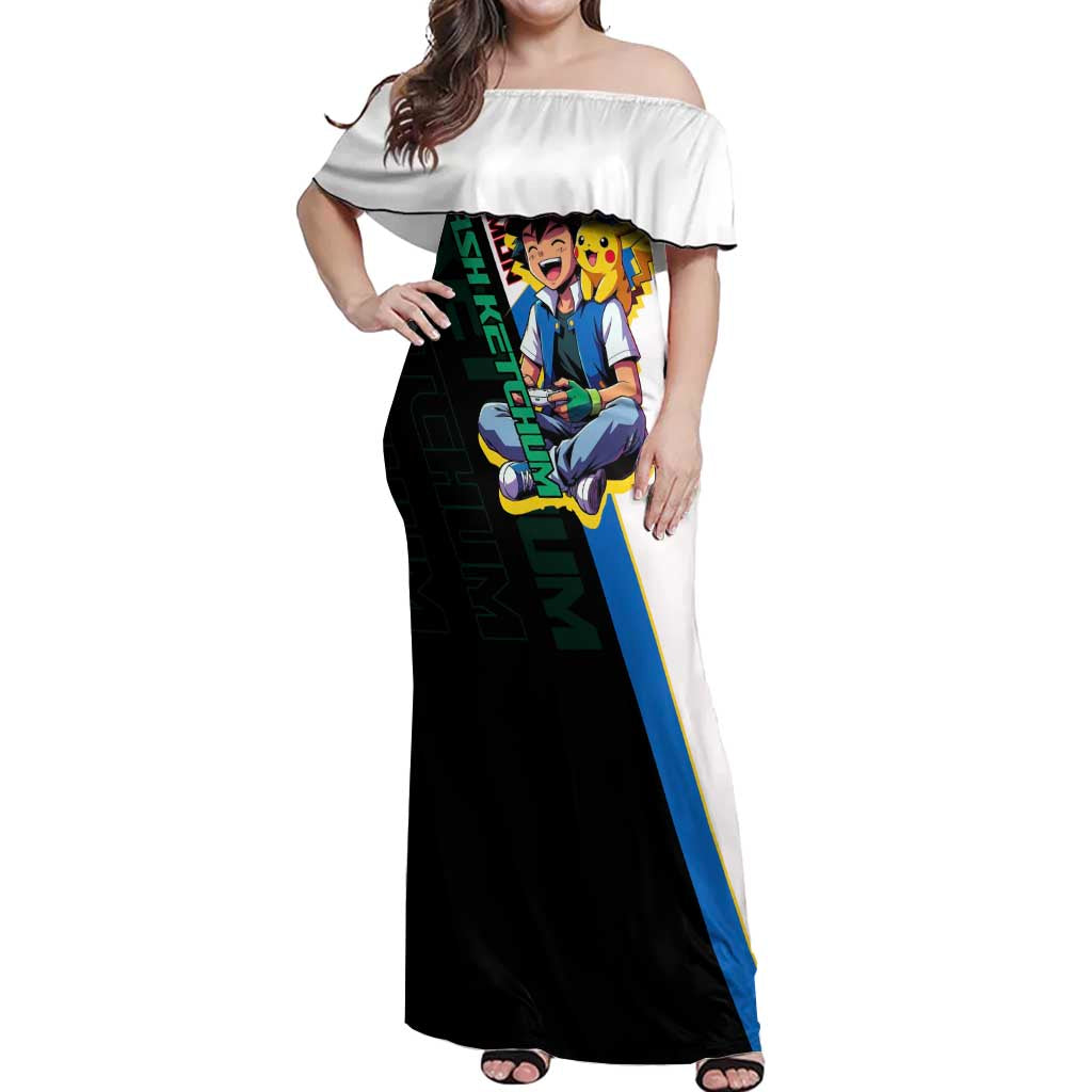 Ash & Pikachu Poké Off Shoulder Maxi Dress Vibrant Anime Character Style