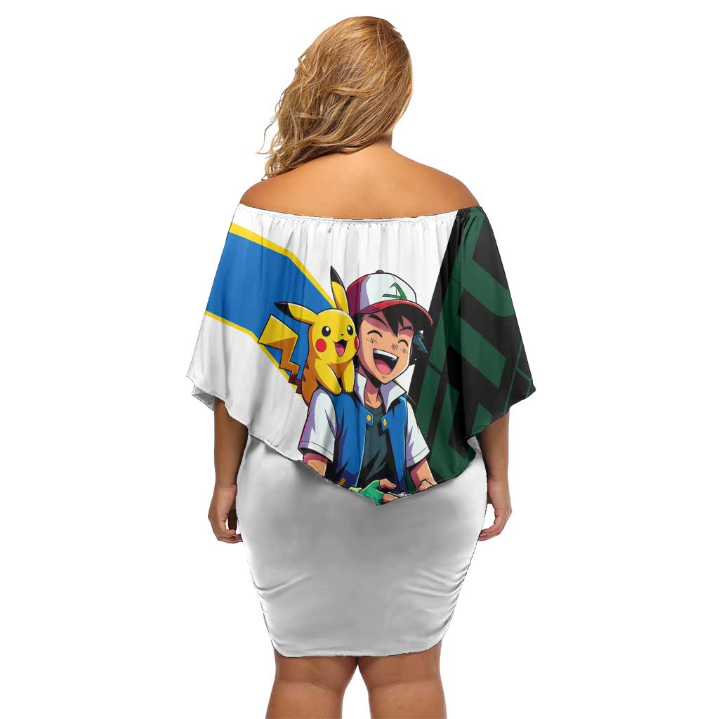 Ash & Pikachu Poké Off Shoulder Short Dress Vibrant Anime Character Style
