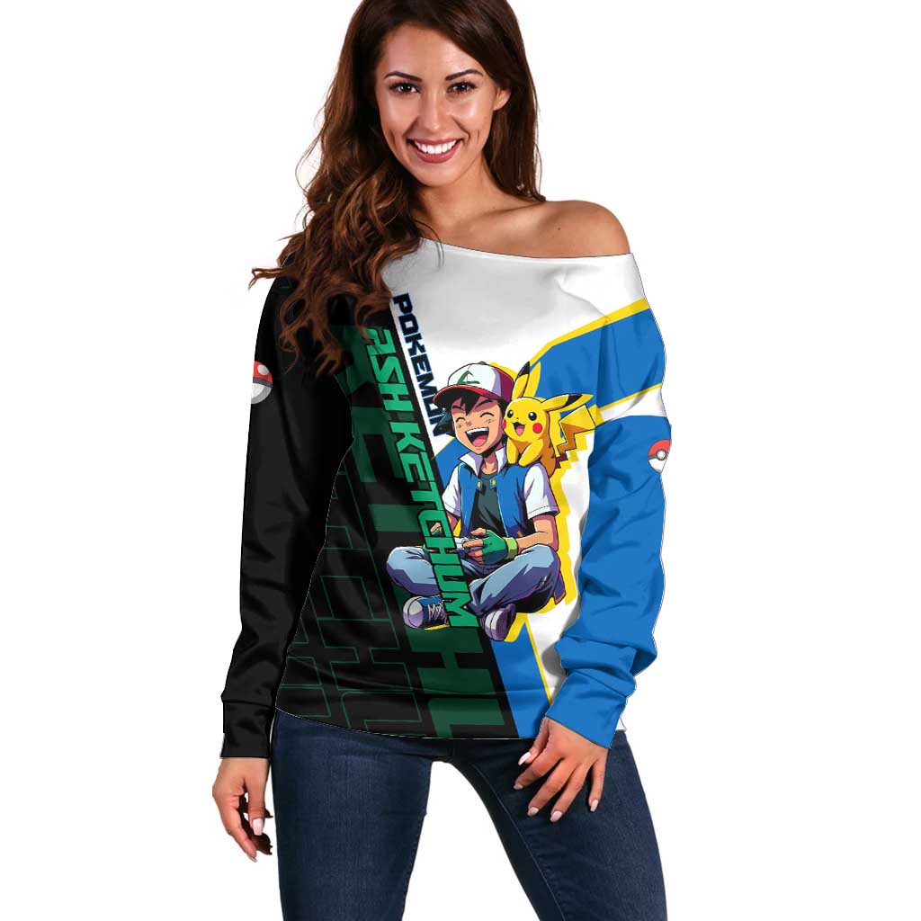 Ash & Pikachu Poké Off Shoulder Sweater Vibrant Anime Character Style