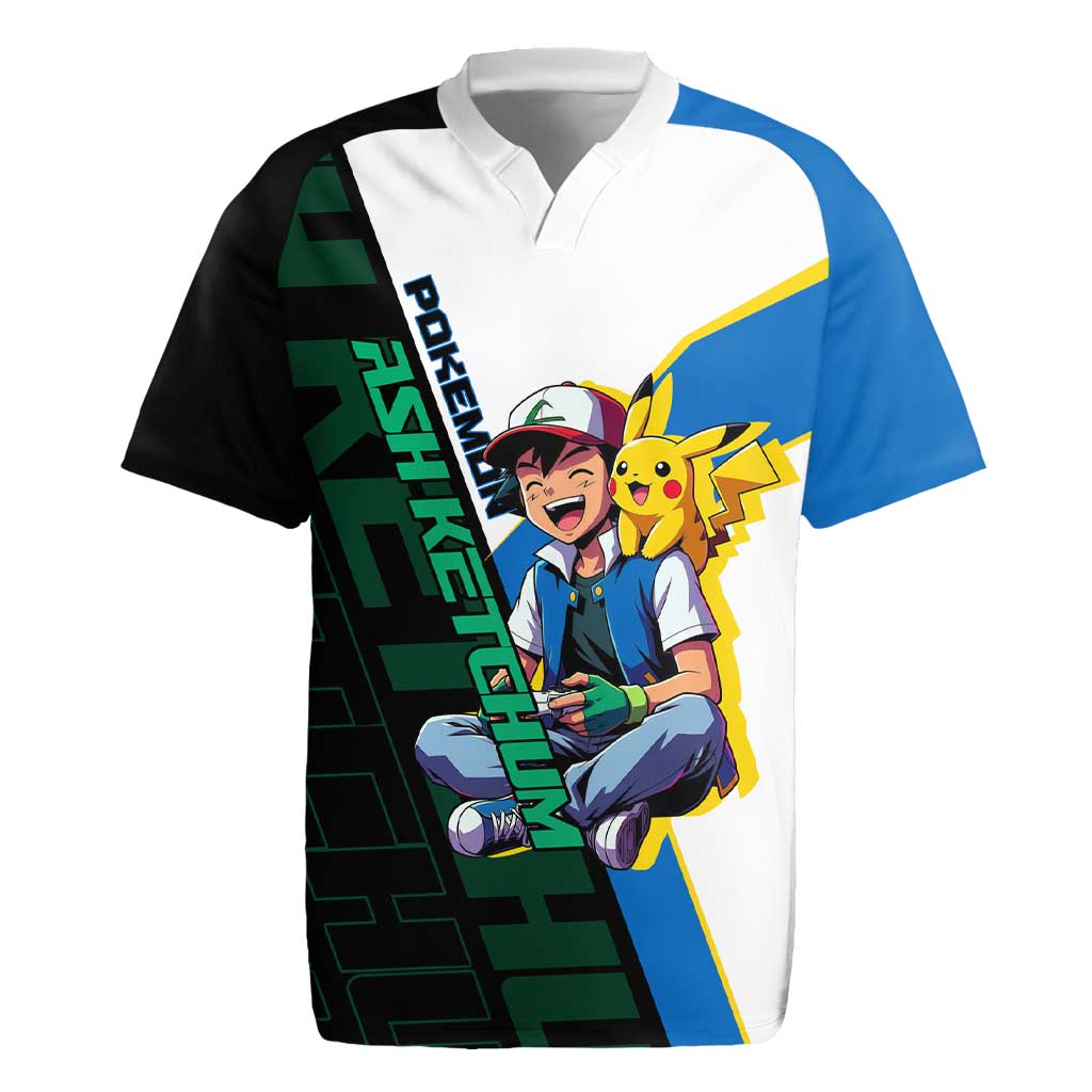 Ash & Pikachu Poké Rugby Jersey Vibrant Anime Character Style